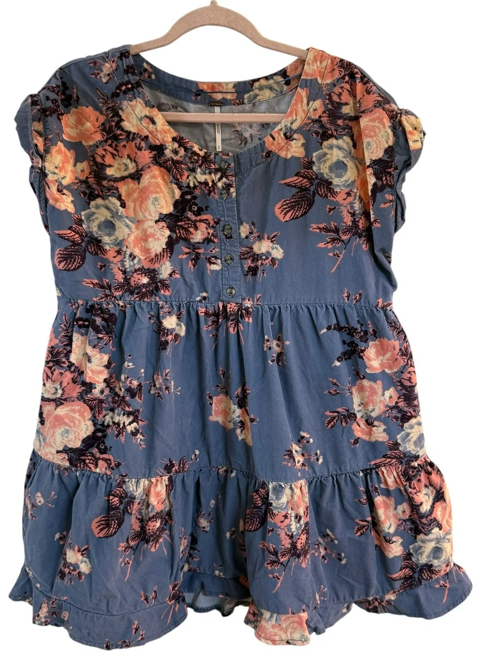 Free People Blue Floral Corduroy Babydoll Tunic Dress Button Front Size Small